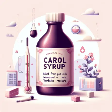 2.Create an image of a soothing, medicinal syrup bottle labeled 'Carol Syrup' with an illustration of a relief from pain such as headache, menstrual pai