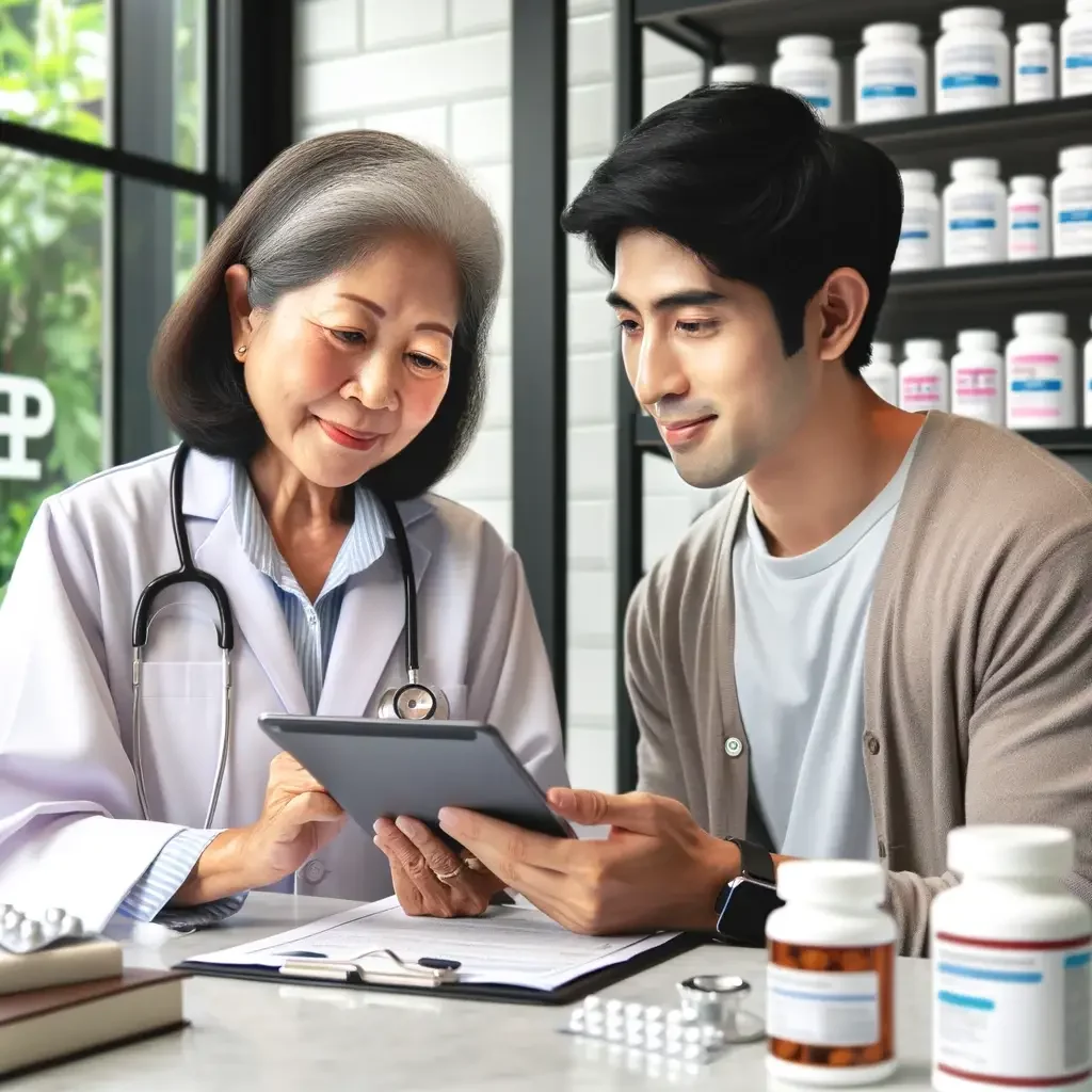 An informative and engaging image depicting a person consulting with a healthcare professional about medication. The scene should show a friendly and .webp