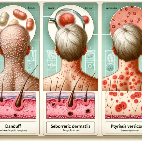Create an illustrative composition that depicts skin disorders caused by the yeast Pityrosporum. The illustration includes three sections_ one for dan