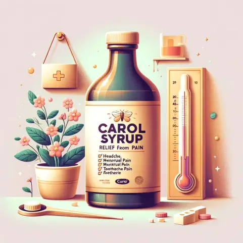 Create an image of a soothing, medicinal syrup bottle labeled 'Carol Syrup' with an illustration of a relief from pain such as headache, menstrual pai