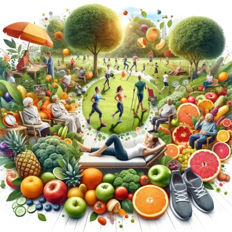 An image that symbolizes health and wellness, including a variety of elements such as fresh fruits and vegetables, people of different ages engaging i