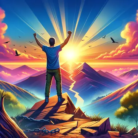 Illustrate a person standing on the peak of a mountain with their arms raised triumphantly towards a sunrise. They have a serene look on their face, 2
