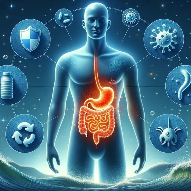  Illustration of a conceptual ad for a stomach ulcer medication, featuring a humanoid figure with a transparent abdomen showing a glowing, healthy stom