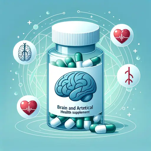 Illustration of a conceptual pill bottle labeled 'Brain and Arterial Health Supplement', surrounded by symbolic icons such as a brain, an artery, and 