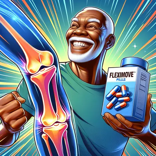 Illustration of an African elderly man with joyful expression, showcasing a pack of 'FlexiMove Pills' against a background of knee and shoulder joint 