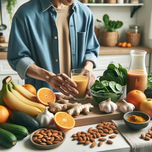 Photo of a kitchen counter with an array of immune-boosting foods like citrus fruits, ginger, garlic, spinach, almonds, and turmeric, with a person wi