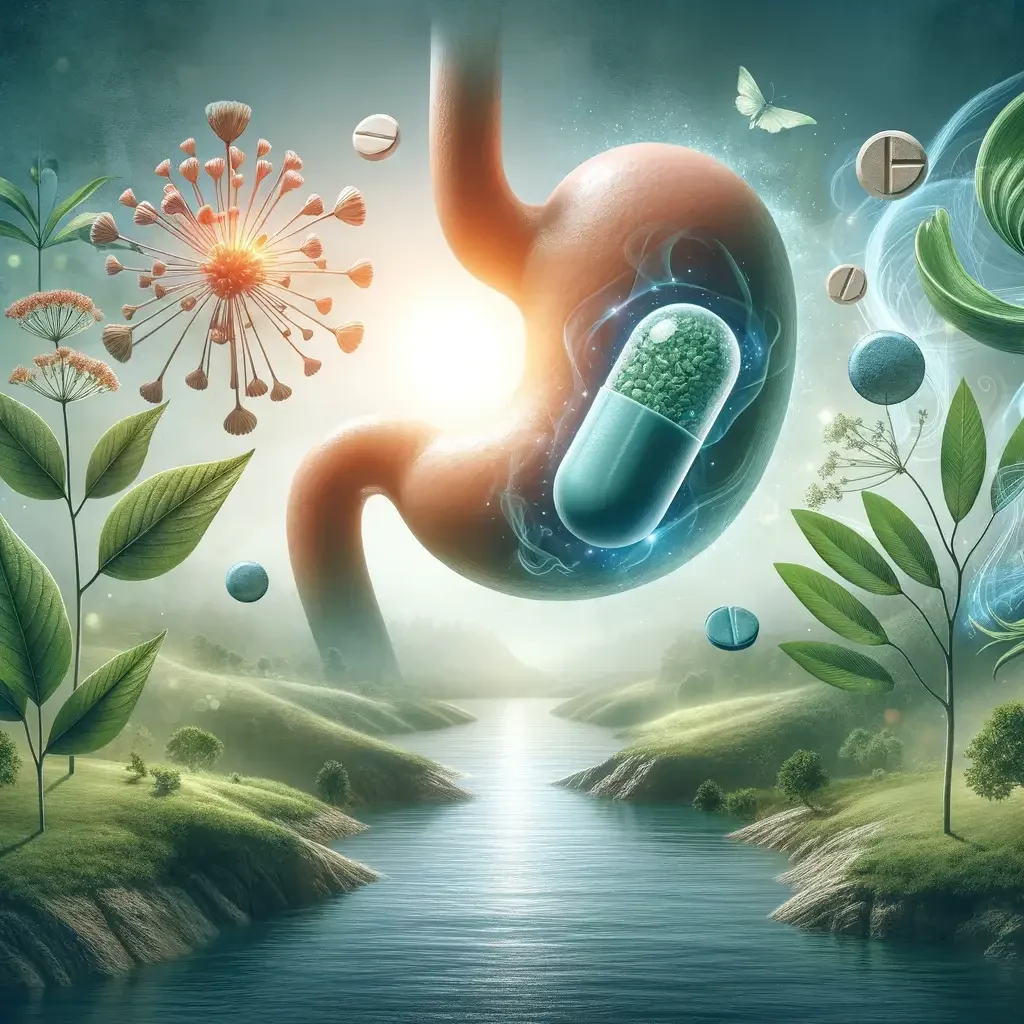 Photo of a serene and healing environment illustrating the effectiveness of a medication for stomach conditions. Imagine a symbolic pill superimposed 