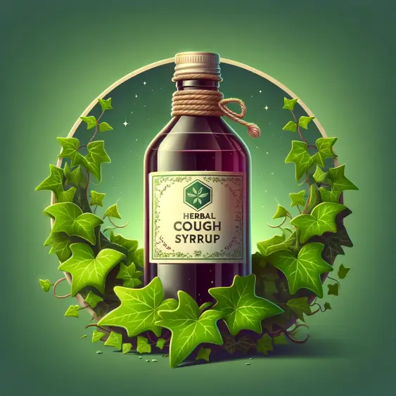 A digital illustration showing a bottle of herbal cough syrup surrounded by ivy leaves, symbolizing natural ingredients. The bottle is clearly labeled.webp