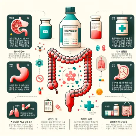 A medical infographic highlighting the use of Tiropramide (depicted as 'Tirokanjeong' in Korean). The infographic should include visuals of the digest.webp