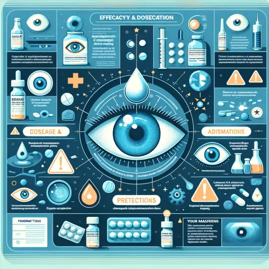 A visually engaging infographic explaining the uses, dosage, and precautions of a generic eye medication. The infographic includes sections titled 'Ef.webp