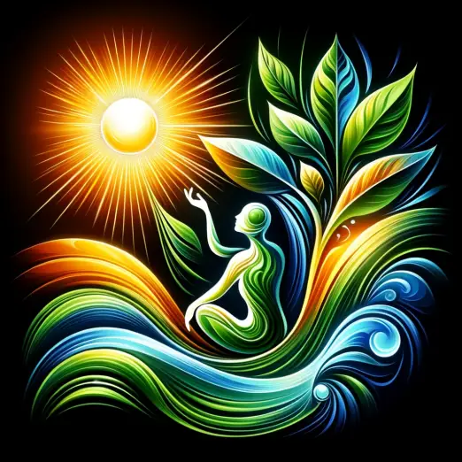 An abstract illustration representing the concept of vitality and wellness, incorporating elements like a glowing sun, vibrant green leaves, a human s.webp