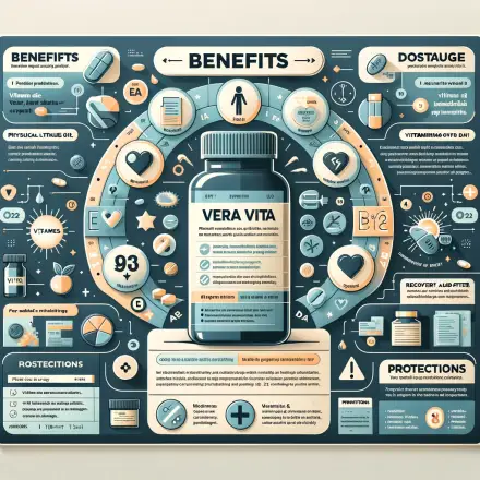 An informative and visually appealing infographic in a clean, modern style about the supplement 'Vera Vita'. The infographic includes sections on the .webp