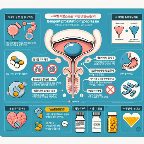 A visually informative graphic illustrating the use and precautions of Tamsulosin (탐스돌서방정) for treating benign prostatic hyperplasia. The graphic incl.webp