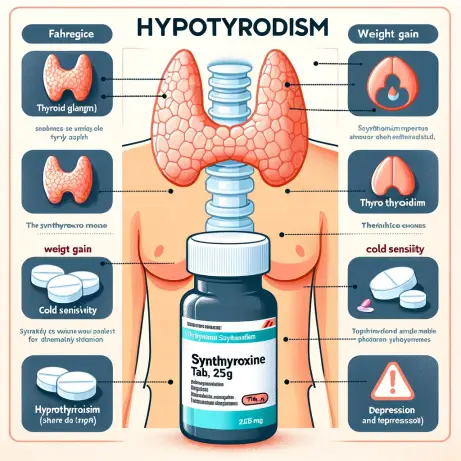 An infographic illustrating the thyroid gland and symptoms of hypothyroidism, including fatigue, weight gain, cold sensitivity, and depression. The gr.webp