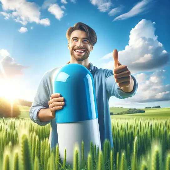 A joyful person standing in a lush green field under a clear blue sky, holding a giant pill capsule in one hand while giving a thumbs up with the othe.webp