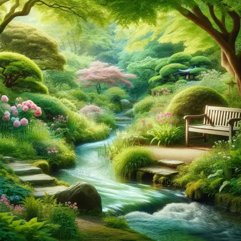 A serene and calming image of a peaceful garden, where a gentle stream flows through the center, surrounded by lush greenery and blooming flowers. A w.webp