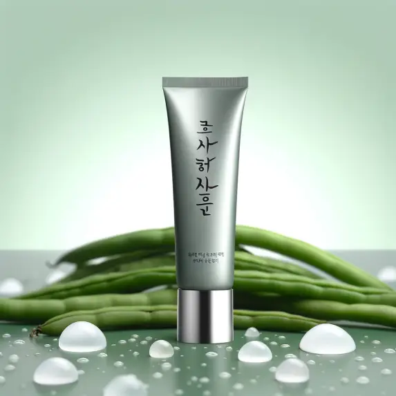 Imagine a sleek and modern cosmetic product display. In the center, there's a tube of cleansing foam with '녹두 약산성 클렌징폼' written in stylish, elegant Ko.webp