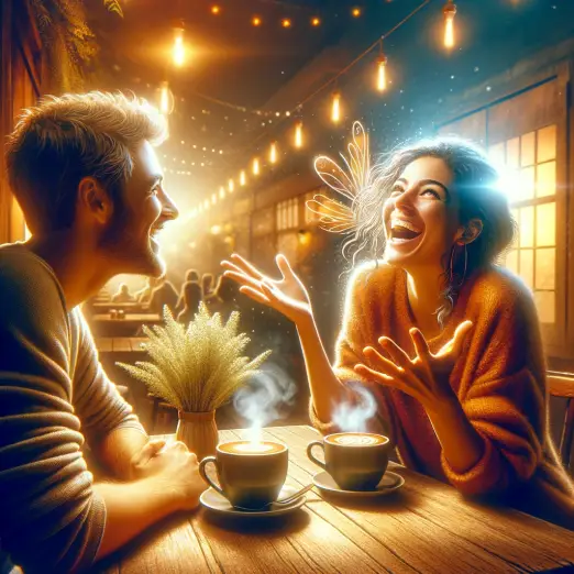 Imagine a vibrant and heartwarming scene where a person is joyfully sharing their positive experience with a friend at a cozy coffee shop. They're sit.webp
